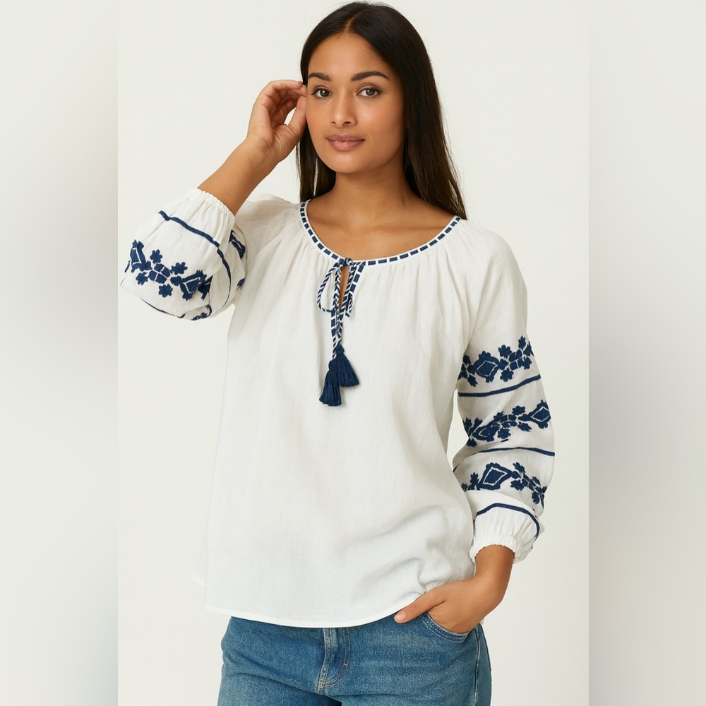 Benaras by Citrus 100% Linen Peasant Blouse – Embroidered Balloon Sleeves